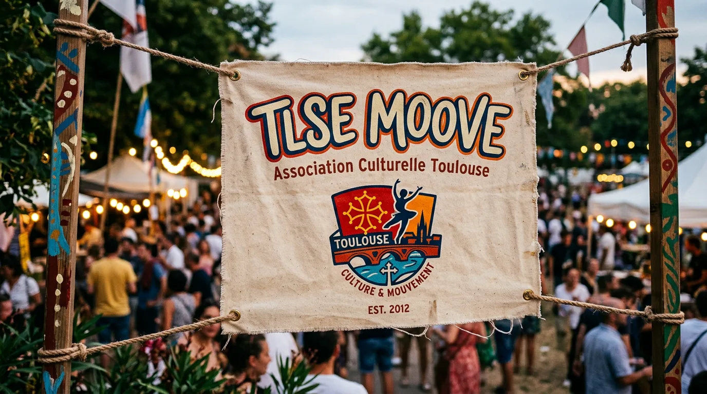 Bannière officielle et emblème de l'association TLSE MOOVE déployée en espace public